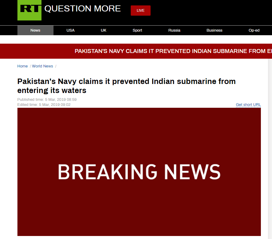 巴基斯坦海军称阻止印度潜艇进入该国水域，公