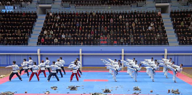 资料图片：2018年11月3日，在平壤，韩朝跆拳道示范团举行联合演出。（韩联社）
