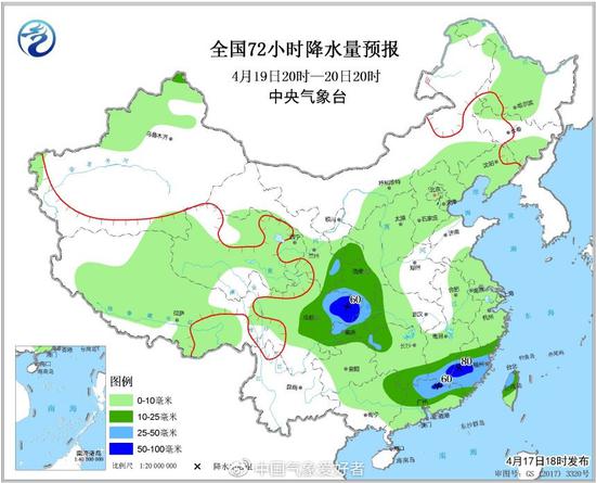 4月20-21日的官方预报中，可看到四川和江浙沪的大到暴雨区