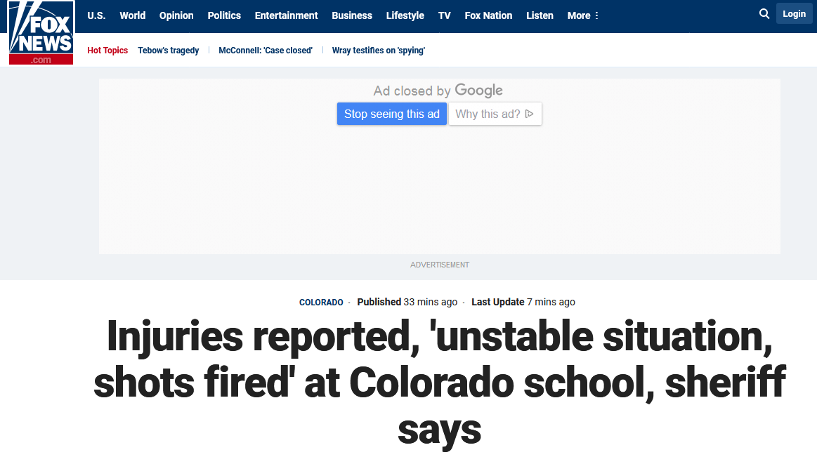 美国科罗拉多州一所学校发生枪击事件 至少8人受