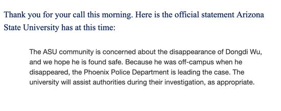 亚利桑那州立大学邮件回复新京报记者称，将在凤凰城警察局调查期间，协助该局进行工作。 邮件截图