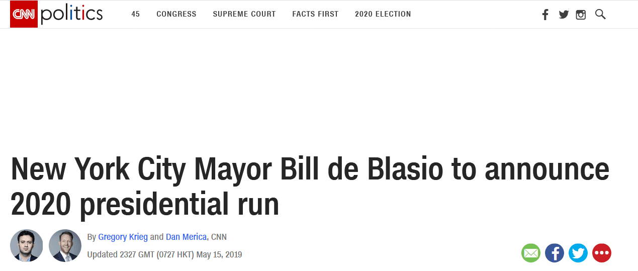美媒：纽约市长白思豪16日将宣布加入2020总统选