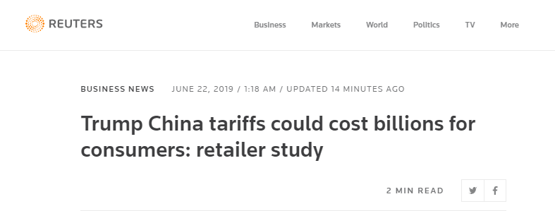 美国零售联合会：如果对华加税，美国消费者每