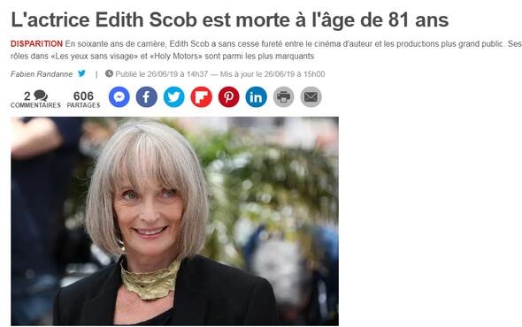 法国老牌女演员爱迪丝·斯考博离世 享年81岁