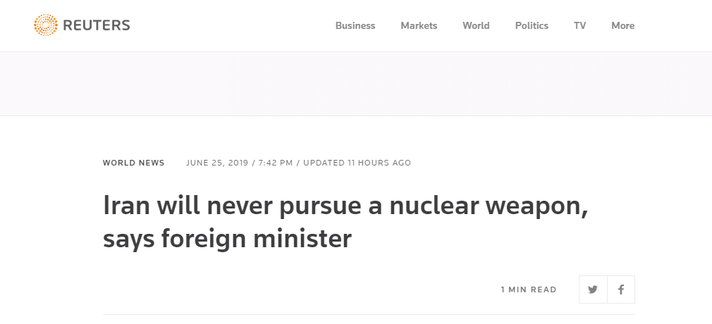 伊朗外长：伊朗永远不会发展核武器