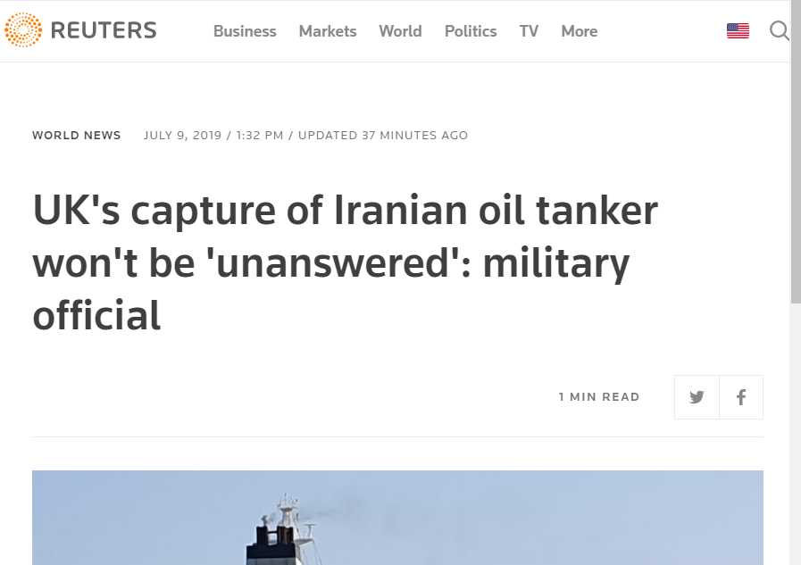 伊军方：油轮遭英国扣押事件，伊朗不会“没有