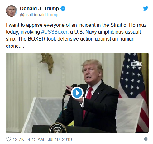 特朗普炫耀“击落伊朗无人机”，伊朗外长推特