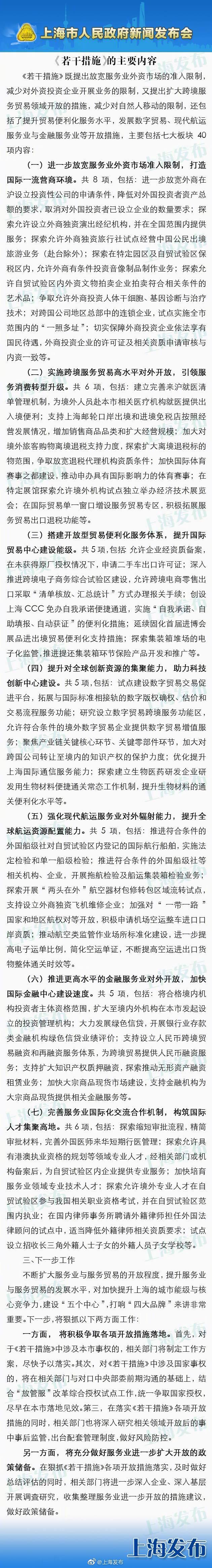 上海推新一轮服务业扩大开放措施 进一步放宽外