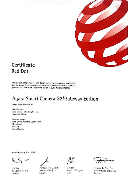 Aqara 智能摄像机G2荣获“2019红点奖”
