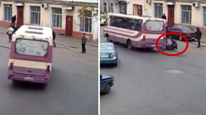 乌克兰公交车急转弯女子被甩出 身体受伤
